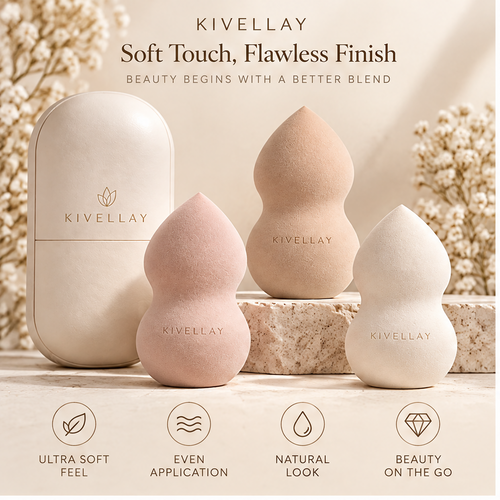 KIVELLAY 3-Piece Curved Makeup Sponge Set with Storage Case