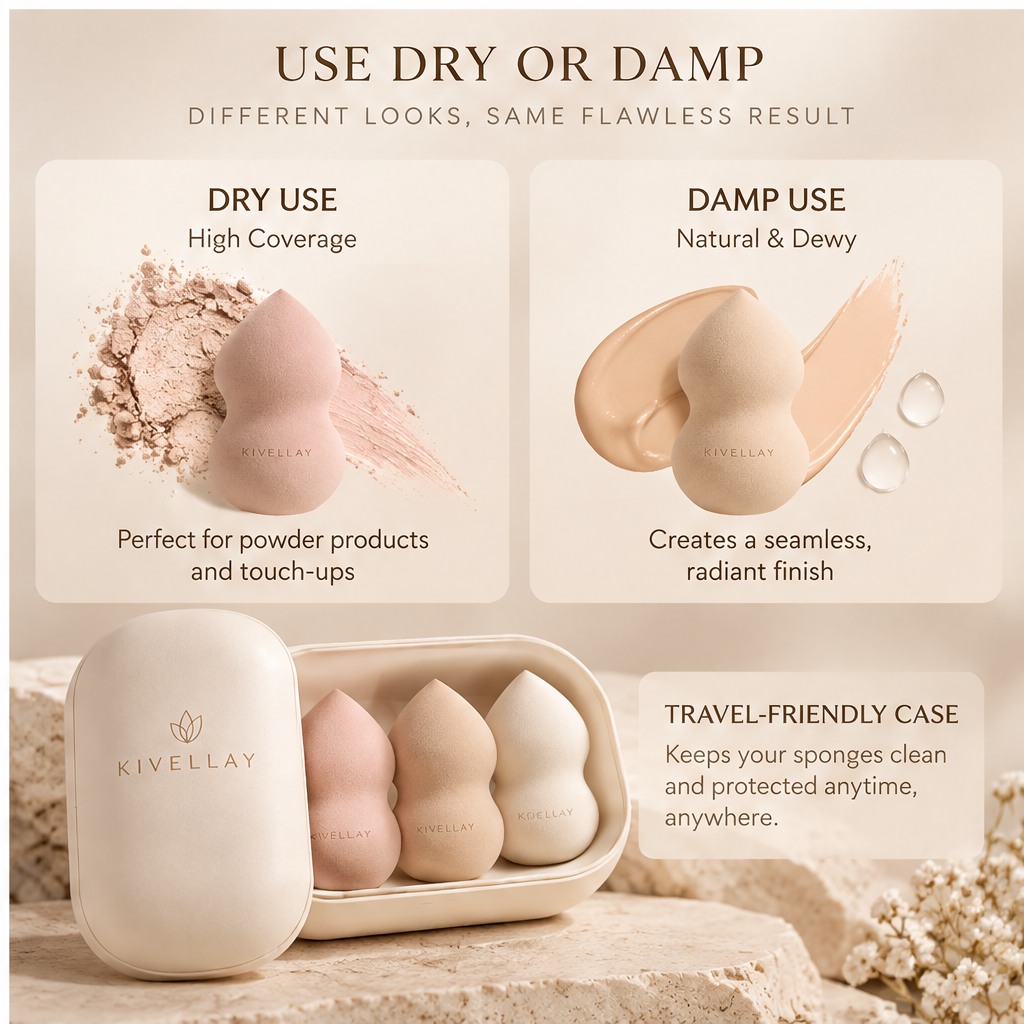 KIVELLAY 3-Piece Curved Makeup Sponge Set with Storage Case
